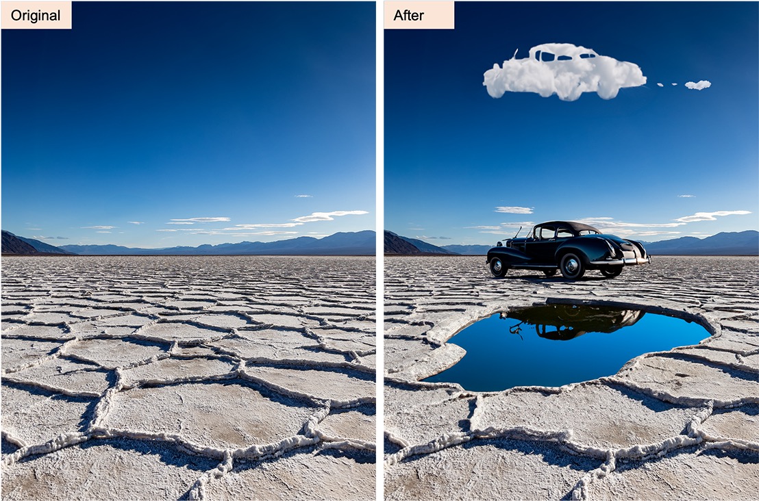 Adobe Firefly edit: before and after of a salt flat with an added car and reflection